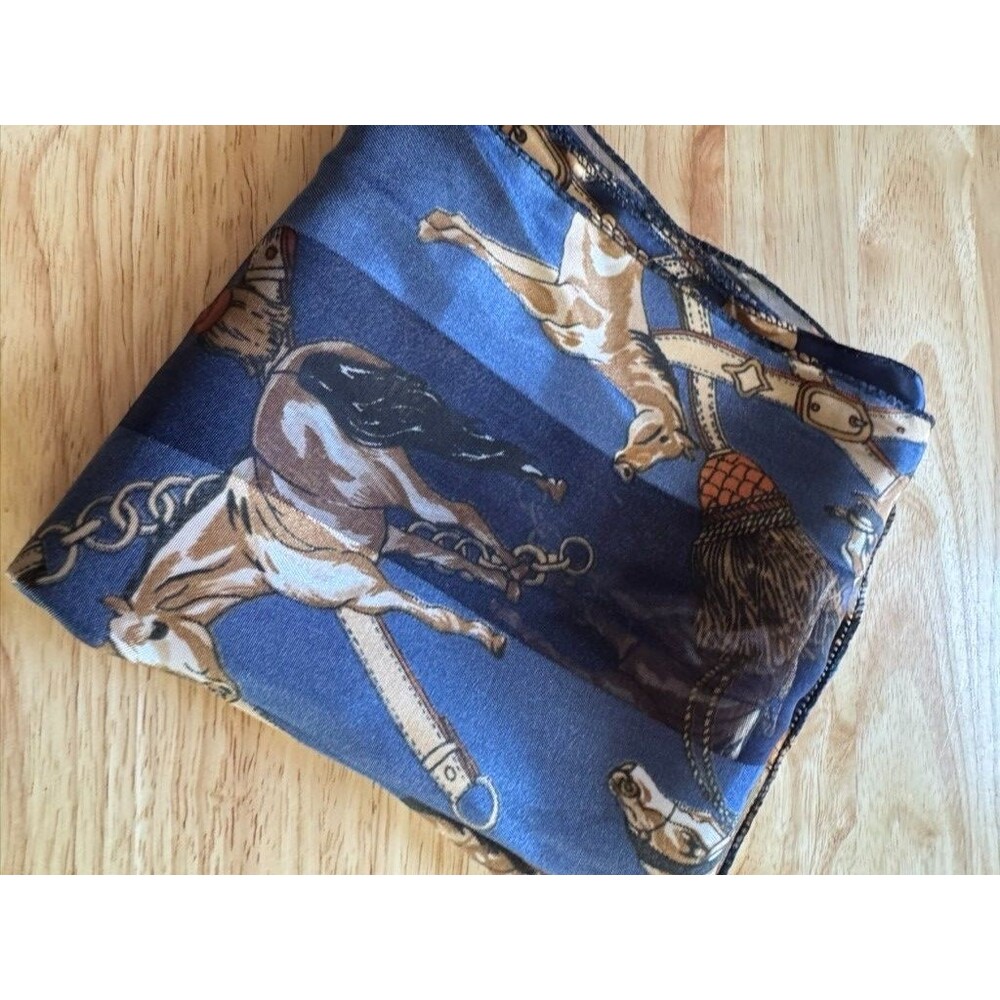 Equestrian Horse Print Rectangle Satin Long Scarf Semi Sheer Navy Gold Vtg